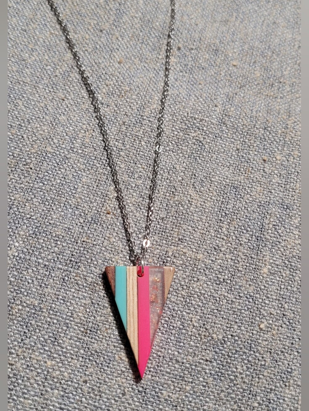 Handmade Triangle Wood Pendant Necklace in Pink & Teal